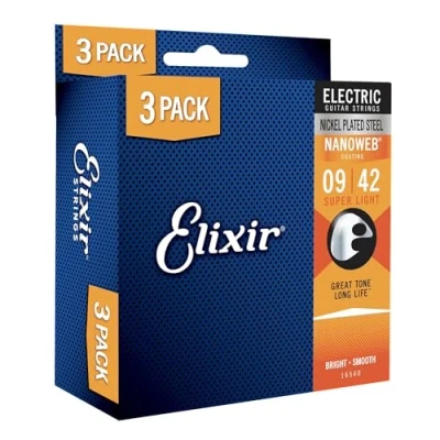 Image de Elixir 16540 Cordes pour guitare électrique plaquées nickel avec revêtement NANOWEB® Lot de 3 jeux cordes, Super Light (9 52)