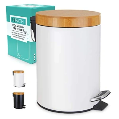 Image de HIBATH® Poubelle de salle bain en acier inoxydable avec couvercle bambou (5 litres, blanc) système d&#039;abaissement automatique pratique WC