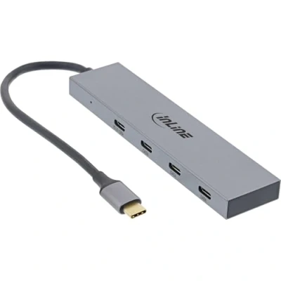 Image de InLine® Hub USB 3.2 Gen.2 (10Gb/s), Type C vers 4 Ports (1 Port Power Through jusqu&#039;à 100 W), OTG, boîtier en Aluminium, Gris, sans Bloc d&#039;alimentation