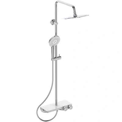 Image de Ideal Standard CERATHERM S200 Colonne de douche Thermostatique Pomme Tête Carrée 25 cm Mitigeur et Tablette Dépose pour Gel A7331AA Chromée