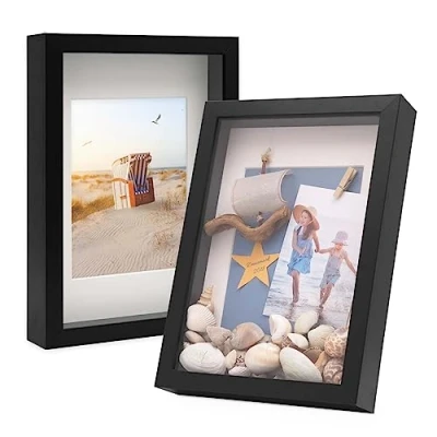 Image de PHOTOLINI Cadre Photo 3D à remplir A4 21 x 30 cm Noir, Set de 2 Cadres boîte Profond avec Passe Partout, pour Objets jusqu&#039;à 3 cm, Bois MDF, Verre Les Loisirs créatifs &amp; comme Cadeau