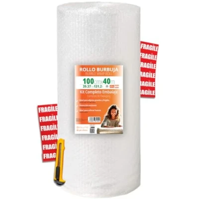 Image de OFITURIA papier bulles emballage 100cm x 40m kit Complet avec Cutter + 12 Étiquettes “FRAGILE déménagement complet, pour colis