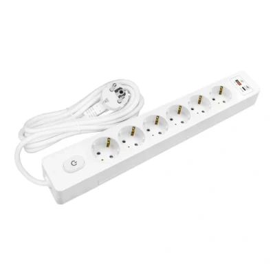 Image de Multiprise SELDUR G6TH32B, 6 prises type F + interrupteur, USB A+C charge rapide 20W, Blanc, câble 3m