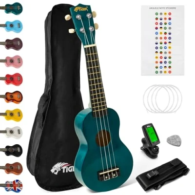 Image de Tiger UKEKIT TB Kit Ukulélé Soprano Idéal pour Débutants et Enfants Accordeur, Sangle, Housse, Autocollants Notes, Médiator, Cordes de Rechange, avec Aquila Montées Bleu Pétrole