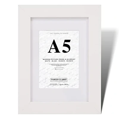 Image de Fabian Clarke London® Cadre photo A5 moderne en bois blanc avec passe partout A6 et façade verre à suspendre orientation portrait ou paysage