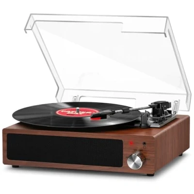 Image de FYDEE Platine Vinyle Bluetooth Portable à 3 Vitesses 33/45/78 TR/Min, Tourne Disque Vintage avec 2 StéréoEnceinte Intégrée, Prise 3.5mm, Sortie RCA, Entrée AUX Noyer