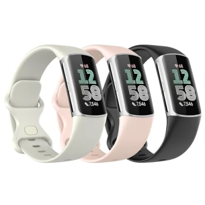 Image de Astorgos 3 Pièces Bracelet de Montre Compatible avec Fitbit Charge 6/Fitbit 5 pour Femme Homme, Remplacement en TPE Souple, Noir/Blanc Lune/Rose Sable