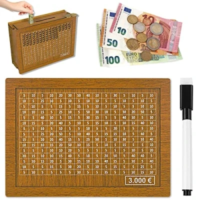Image de Tirelire en Bois,Numérique Réutilisable,Tirelire avec Compteur,Tirelire Objectif D&#039;épargne et Chiffres à Cocher,Tireliure Bois pour Aider Enfants Commencer Economiser (3000ou)