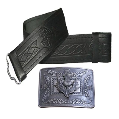 Image de Maze Ceinture écossaise avec boucle en cuir Noir Plusieurs tailles et designs au choix, embossé ardillon antique, Large
