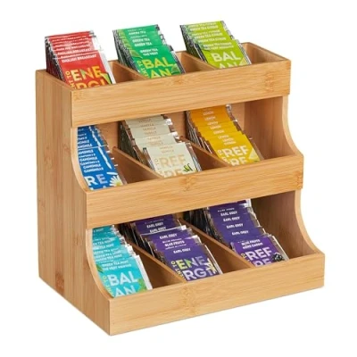 Image de Relaxdays Organiseur à thé, 9 Compartiments, en Bambou, Vertical, H x L P : 24 27 17,5 cm, Nature
