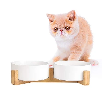 Image de Gamelle Chat Chien avec Support Bois Gamelles pour Chats Chiens en Ceramique Facile à Nettoyer Double Bol Chiot la Nourriture et l&#039;eau 2 x 480 ML