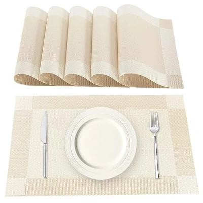 Image de Lumaca Sets de Table Lavables, Lot 6 Set en 70% PVC et 30% Polyester, Antidérapant, Résistant à la Chaleur, pour Cuisine,Beige