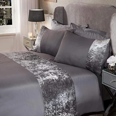 Image de Sienna Parure de lit 100% Polyester avec Bande en Velours écrasé, Gris argenté 2 Places