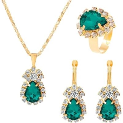Image de TOEECY Parure Ensemble de Bijoux Femme Cristal Boucles d&#039;oreilles Bague Collier Zircon Cubique Élégantes Mariage Soirée Cadeau (Vert)