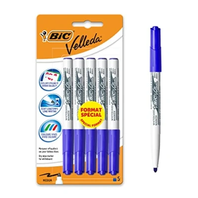 Image de BIC Velleda 1741 Feutres pour Tableau Blanc Effaçables à Sec, Pointe Conique Moyenne Bleu, Blister Format Spécial de 5