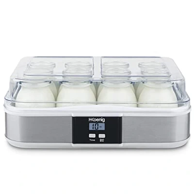 Image de H.KOENIG Yaourtière 12 pots ELY120, Capacité x 160 ml, Programmable, Ecran LCD, Corps en Acier Inoxydable, Sans BPA, Compatible au lave vaisselle, Arrêt Automatique, Puissance 21,5 Watts