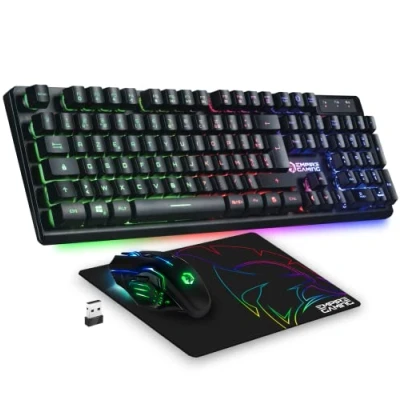 Image de Empire Gaming Armor RF800 Pack Clavier Souris Rechargeable sans Fil AZERTY (Français Layout) RGB avec Tapis de 2.4G 4800 DPI PC PS4 PS5 Xbox One/Series Mac Noir