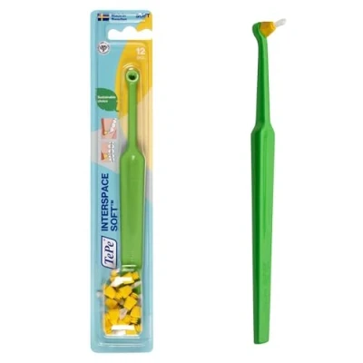 Image de TePe Interspace Soft brosse à dents manuelle coudée avec tête interchangeable Idéale pour les zones difficiles d&#039;accès Lot d&#039;une 4 têtes, jaune