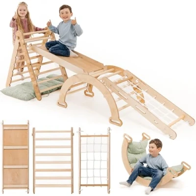 Image de cadre d&#039;escalade d&#039;intérieur 5 en 1 pour tout petits Échelle triangulaire, arche et rampe filet Coussin, Montessori Aire de jeux bois enfants