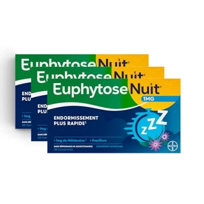 Image de EuphytoseNuit® Complément alimentaire adulte Mélatonine 1mg Endormissement plus rapide Passiflore : sommeil de qualité 3 Packs 30 Comprimés 90 nuits Fabriqué en France