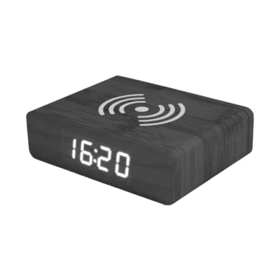 Image de Fisura Réveil Digital avec Chargeur sans Fil Noir. numérique en Bois 4 tonalités Lumineuses LED. 2 Sonneries de Réveil. Mesures : 10,5 x 8 centimètres.