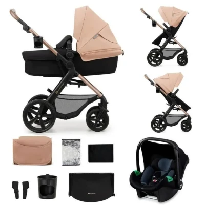Image de Kinderkraft MOOV2 Poussette 3 en 1, Système de voyage la naissance à 27 kg, Siège auto Mink PRO I Size inclus, Capote extensible avec filtre UPF50+, Accessoires pratiques, Beige