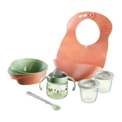 Image de Tommee Tippee Coffret de Sevrage avec Bol et Cuillères d&#039;Alimentation, Bavoir en Silicone, Tasse à Bec 100 % Étanche Pots Stockage des Aliments, 4 Mois Plus