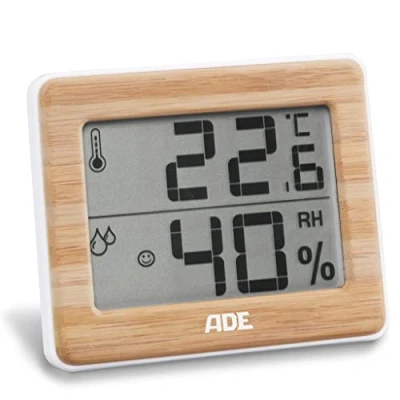 Image de ADE Thermo Hygromètre numérique avec du vrai bambou. Thermomètre affichage précis de la température, pour indicateur d&#039;humidité et zone confort, écran LCD