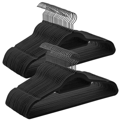 Image de SONGMICS 50 Cintres en Velours, Antiglisse, avec Barre à Cravate et Crochet Pivotant 360, Épaisseur 0,6 cm, Gain de Place, Longueur 43,5 pour Manteau, Robe, Pantalon, Noir d&#039;encre CRF021B02