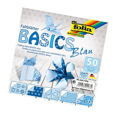 Image de Bringmann Folia Feuilles pour Pliage Basics, 80 g/m², 50 Assorties, avec 5 Motifs différents, Bleu, 15 x cm