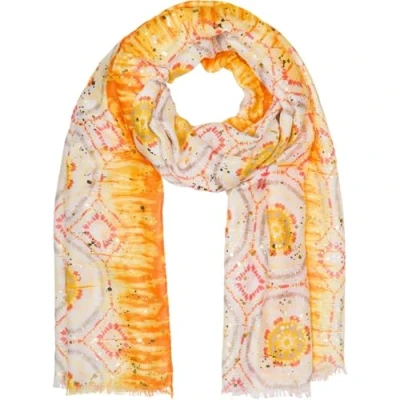 Image de styleBREAKER Écharpe femme motif batik avec rayures métalliques, foulard léger style boho de courtes franges 01016230, couleur:Jaune orange