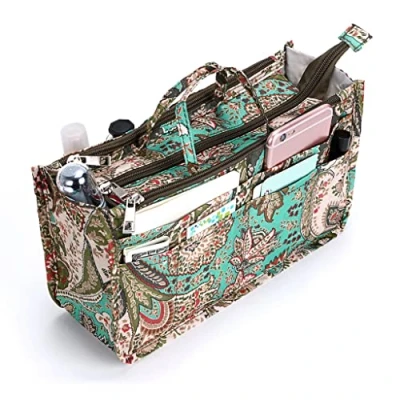 Image de Ignpion Organiseur de sac à main 13 poches extensible imprimé avec fermeture éclair et poignée, Fleur paon. (Multicolore) IGN0026