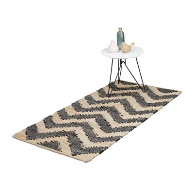 Image de Relaxdays Tapis, Motif Zigzag 70 x 140 cm, Coton et Jute, antidérapant, tissé à la Main, carpette, Noir Beige