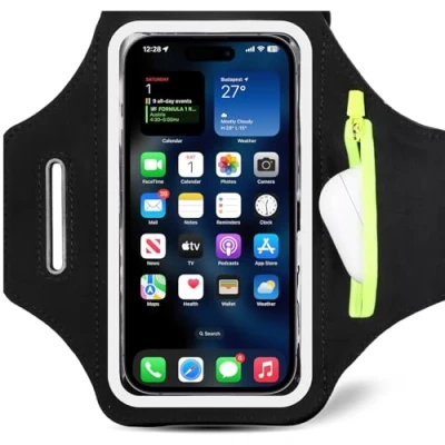 Image de Bracelet de Sport avec Pochette pour Écouteurs, Support Téléphone iPhone 15 Pro Max/14/13/12/11, Galaxy S24 Ultra/S23/S22, Xiaomi, Huawei, Google Pixel (jusqu&#039;à 6,8&quot;) Noir