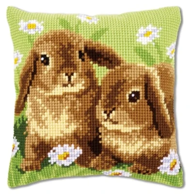 Image de Vervaco Kit de Coussin au Point Croix, Deux Lapins PN 0162709 Blanc 40 x cm Or 16&quot;