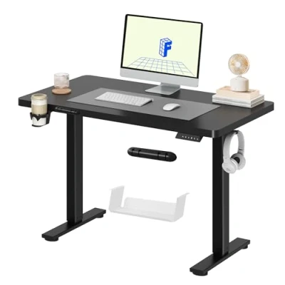 Image de FLEXISPOT Lite Bureau Assis Debout Électrique Réglable en Hauteur avec Porte gobelets et Crochets, Panneau Clavier Contrôle à Fonctions Mémoires 110x60 cm(Cadre Noir + Plateau Noir)