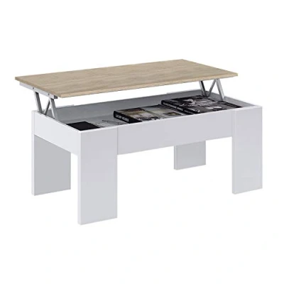Image de Habitdesign 0F1640A Table Basse élévatrice Low Cost, de Salle à Manger Fini en Chêne Canadien Blanc Artik, Mesure 100 cm (Longueur) x 45 56 (Hauteur) 50 (Profondeur)