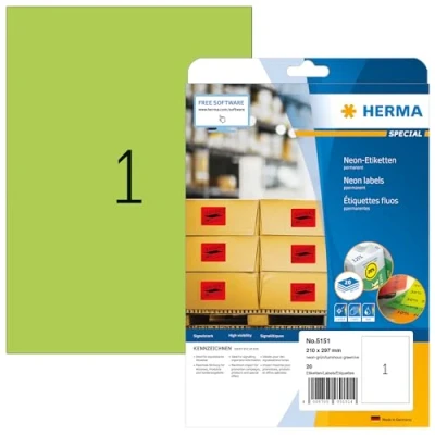 Image de Herma 5151 Étiquettes 210 x 297 A4 LaserCopy 20 pièces Vert fluo