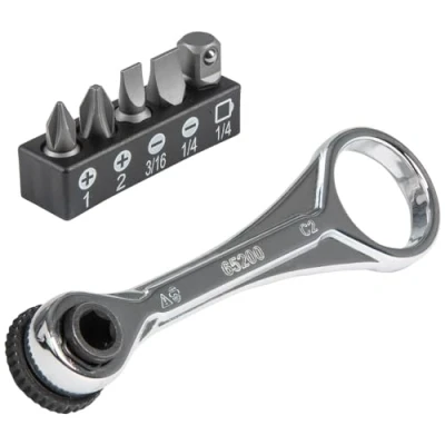 Image de KLEIN TOOLS, Lot de 5 mini clés à cliquet 65200 avec cruciforme, fente et adaptateur pour d&#039;autres tailles douilles, espaces restreints