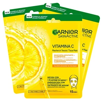 Image de Garnier SkinActive Masque Jetable en Feuille Hydratante et Éclairante à la Vitamine C l&#039;Acide Hyaluronique 3 Masques Jetables
