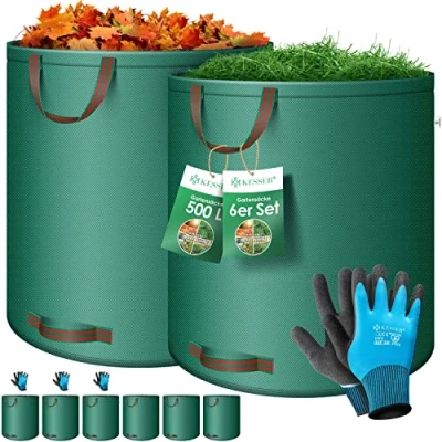 Image de KESSER® Sac de jardin 6x 500L Set à feuilles déchets incl. gants Autonome 4 poignées Stable Robuste Pliable Sacs Tontes gazon pour Vert
