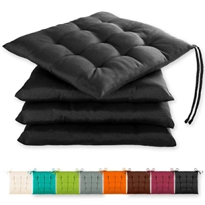 Image de Gräfenstayn® Jeu de 4 Coussins d&#039;assise 40x40x3cm avec Sangles retenue pour l&#039;intérieur et l&#039;extérieur Joint Oeko Tex (Noir)