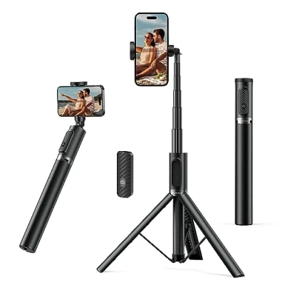 Image de ATUMTEK Perche Selfie 140cm/55 Pouces, A avec Télécommande Bluetooth Rechargeable, Trépied Stick en Aluminium Extensible, Compatible Téléphones iPhone, Samsung et Android