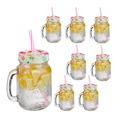 Image de Relaxdays Verre à Cocktails avec Couvercle et Paille Incluse, Lot de 8, 500 ML, Style rétro, Estival, Anse, Multicolore