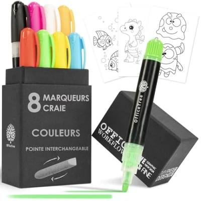 Image de OfficeTree 8x Marqueur Craie Effacable Coloré 1mm à 6mm Pointes Interchangeables Feutre Vitre Fenetre Tableau Noir Liquide
