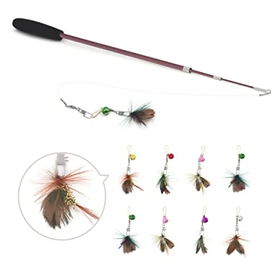 Image de SONGWAY Jouet à Plumes pour Chat 10 Pièces Rétractable Canne a Peche Jouet, Bâtons de Baguette avec 9 Insecte Rechange Clochettes, Interactif l&#039;intérieur Chats et Chatons