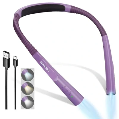 Image de Glocusent Lampe de Lecture Cou LED pour Lire au Lit, Minuterie 30 Minutes, 3 Couleurs et Niveaux Luminosité Réglables, Rechargeable &amp; Longue Durée, Parfaite la Tricot