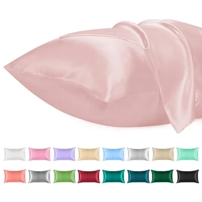 Image de Lirex 2PK Taies d&#039;oreiller en Satin, Taie Microfibre de Satin Couleur Unie Douce, Fermeture D&#039;enveloppe Infroissable Résistante à la Décoloration, Respirante (Rose Clair, 50 x 70 cm)