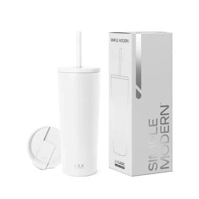 Image de Simple Modern Gobelet isotherme avec couvercle et paille Tasse à café glacé réutilisable en acier inoxydable Cadeaux pour homme femme Collection classique 710 ml Blanc d&#039;hiver