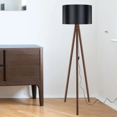 Image de Lampadaire Trépied Design Lampe sur Pied MDF PVC Textile Douille E27 Hauteur 136 cm Effet Noyer Noir